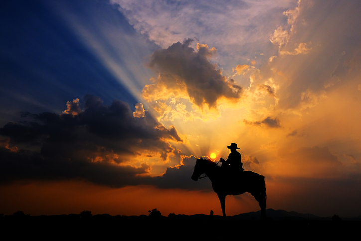 A cowboy on his horse at dusk.