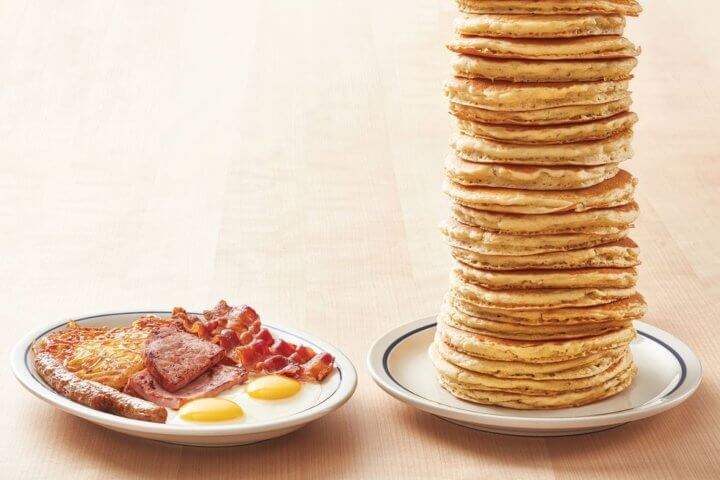 A large stack of pancakes.