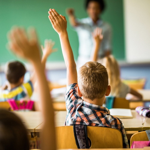 Children raising hands in the classroom.