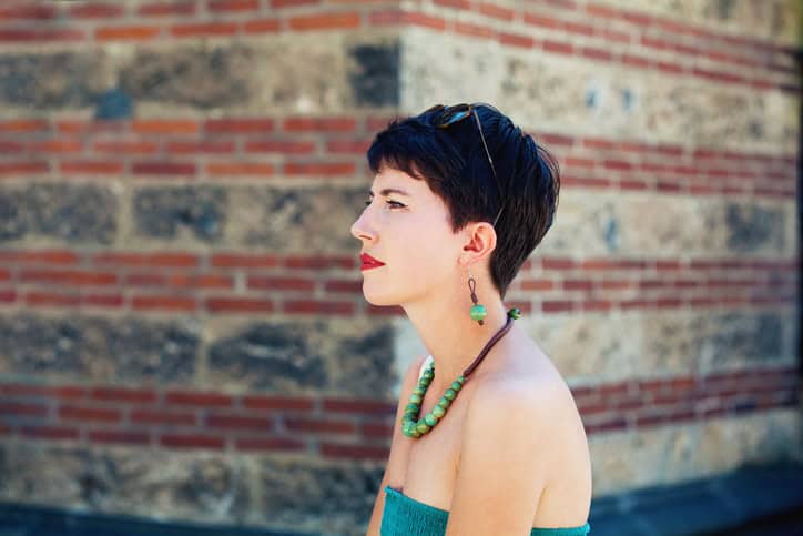 short haired woman walking