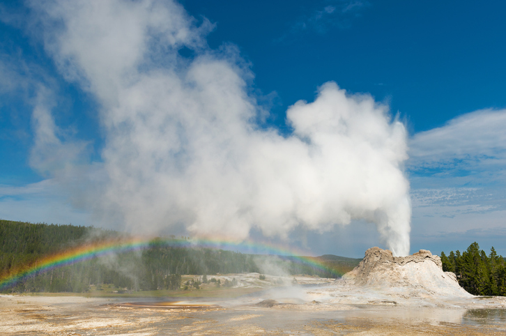 Eruption of the Castle Geyser inside the super volcano in Yellowstone National Park.