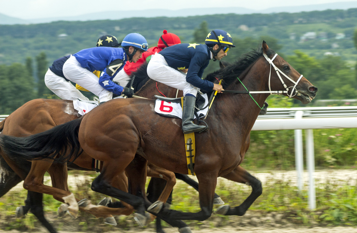 Jockeys and horses racing.
