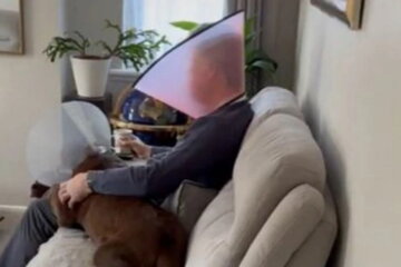 Devoted Dog Dad Wears ‘Cone Of Shame’ To Make Pup Feel Better While Recovering From Surgery