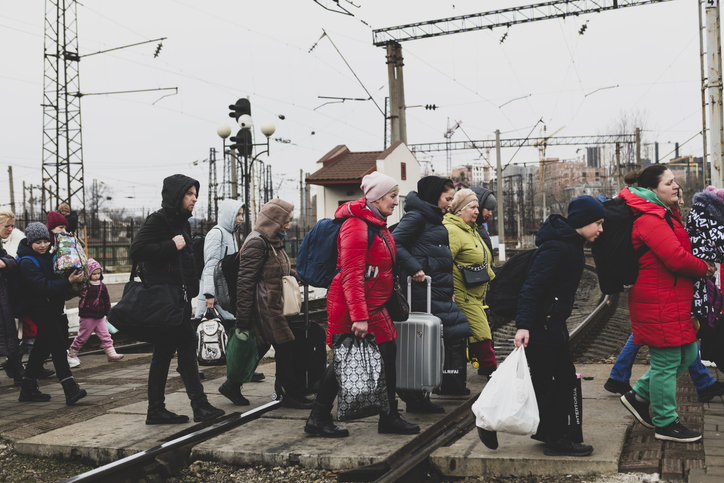 Ukrainians arriving at the train station in Lviv, Ukraine.