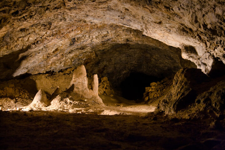 A cave with rocks.
