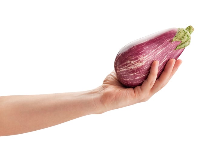 A purple eggplant in hand.