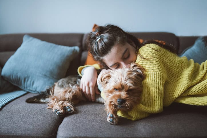 woman hugging yorkshire terrier