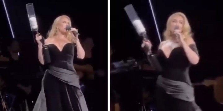 adele with t-shirt gun on stage vegas