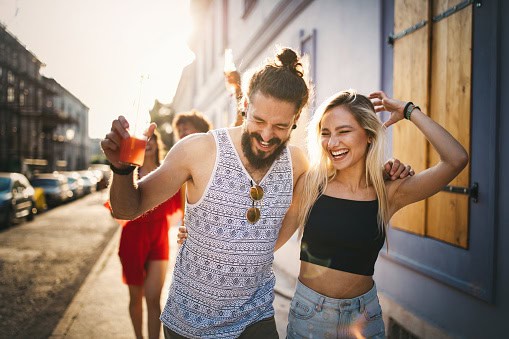 Happy young tourist couple in love.