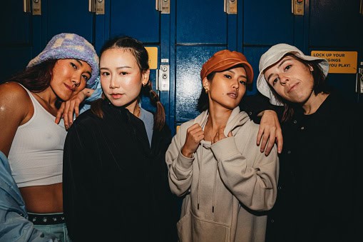 Students in front of their lockers. 