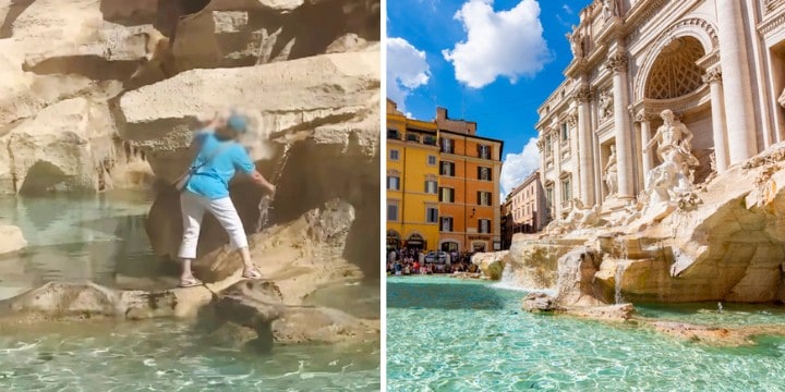 woman climbs trevi fountain