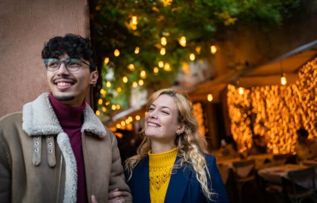 hipster couple at night market