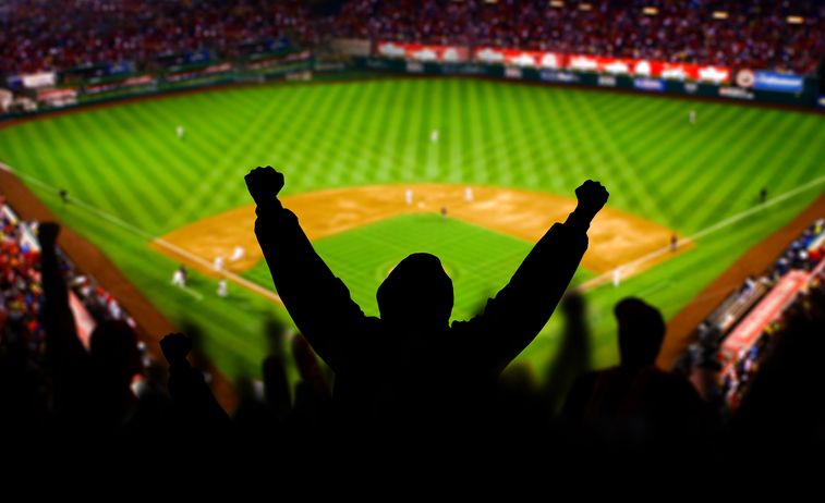 Baseball game fan cheering.