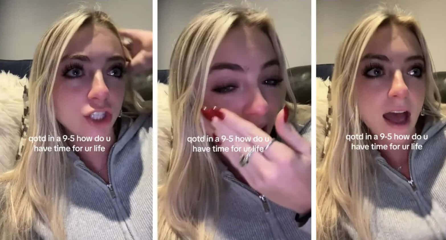 woman cries over 9-5 job