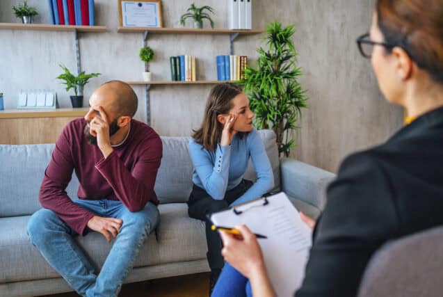 upset couple at couples counseling