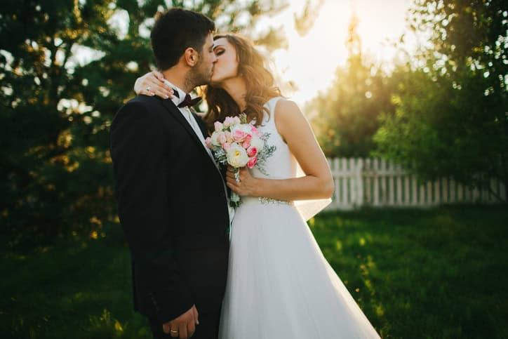 Couple in garden just married