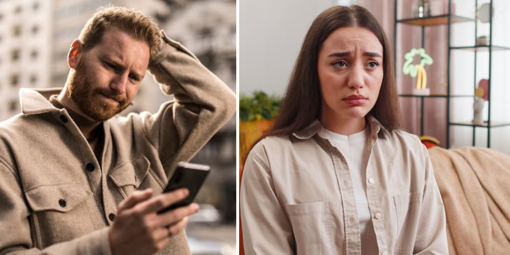 split screen - disappointed man and woman