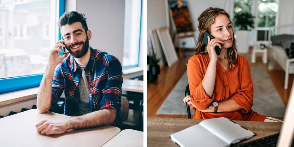 split screen man and woman on mobiles
