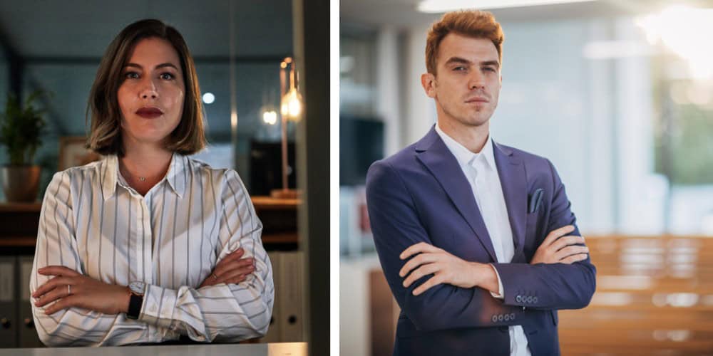 split screen - arrogant man and woman arms crossed