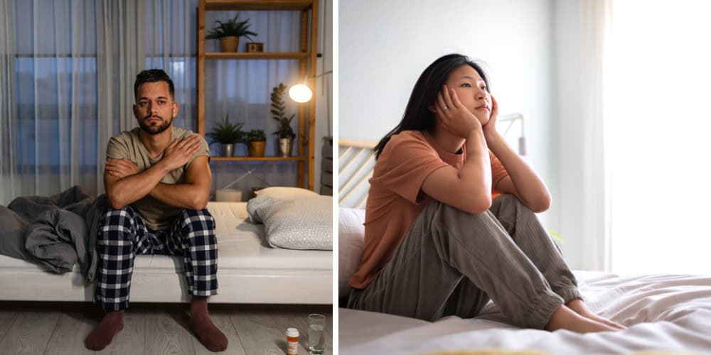 split screen depressed man and woman