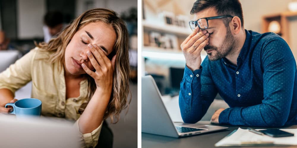 split screen stressed man and woman