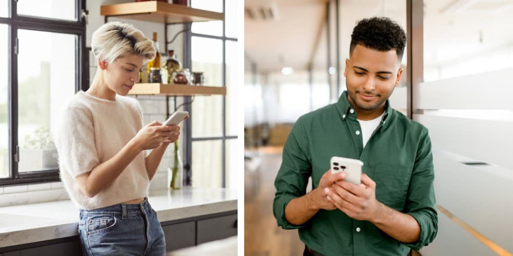 split screen - man and woman texting
