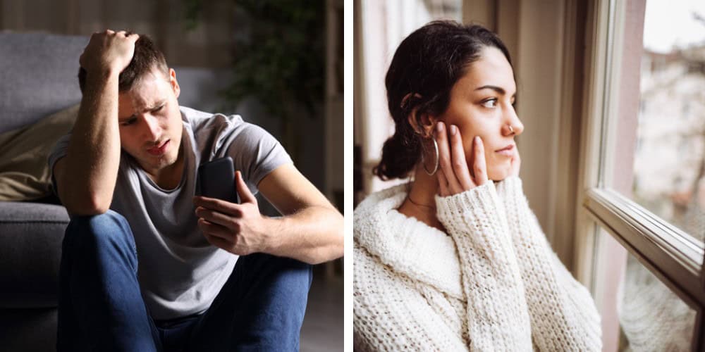 split screen miserable man and woman
