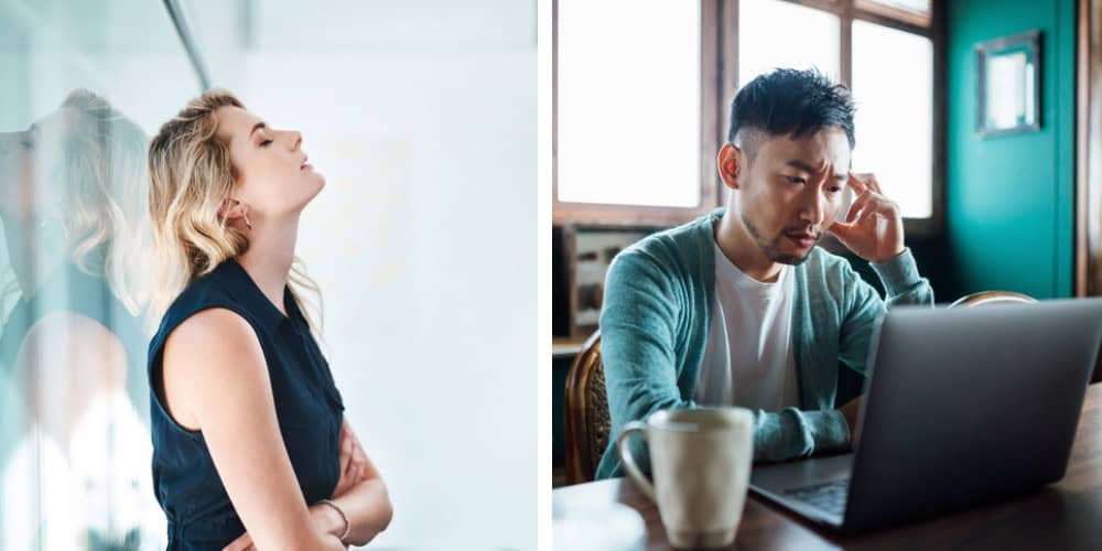split screen frustrated man and woman
