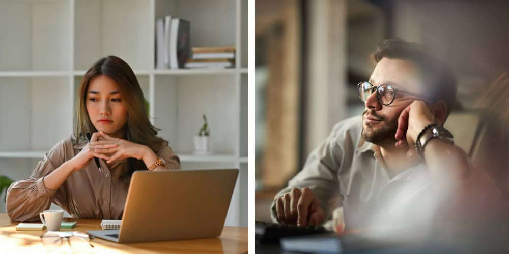 disgruntled office workers split screen