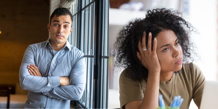 man with arms crossed, woman rolling eyes