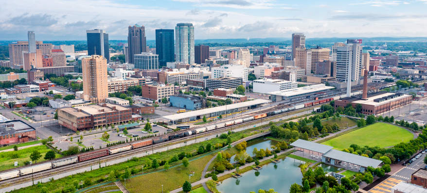 Train in a city.