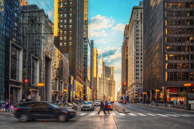 Street in Financial District of Chicago.