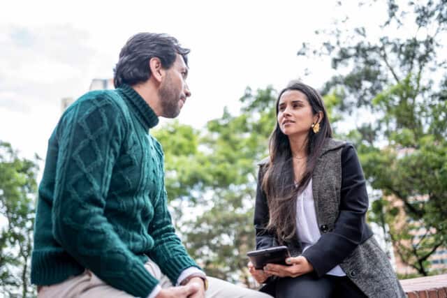 couple talking in park