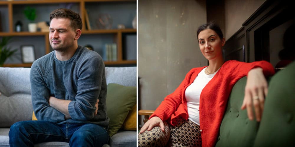 split screen unhappy man and woman alone