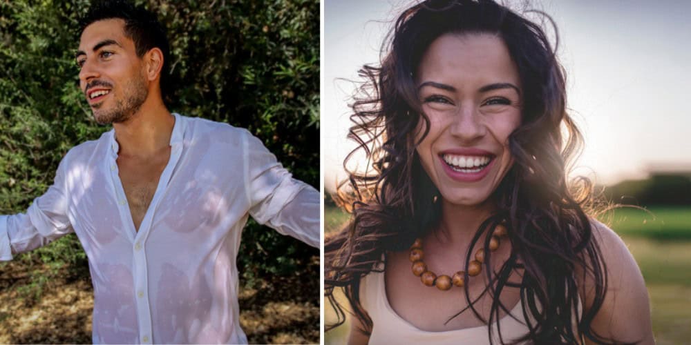 split screen, happy man and woman