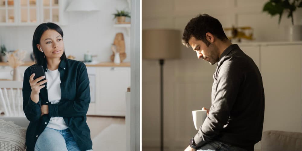 split screen - lonely man and woman