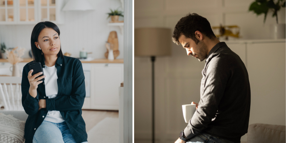 split screen - lonely man and woman