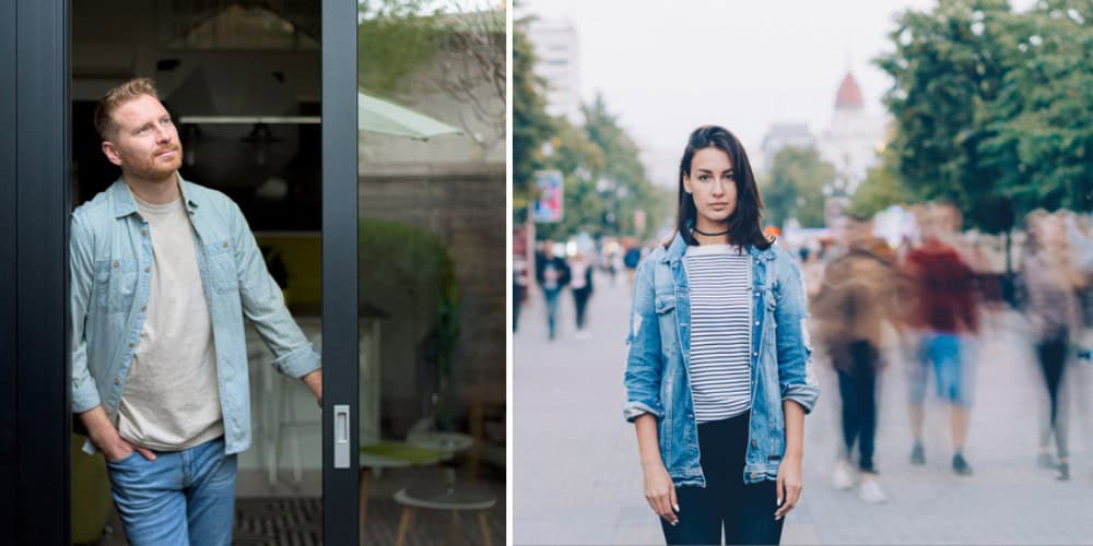 split screen - man and woman standing alone