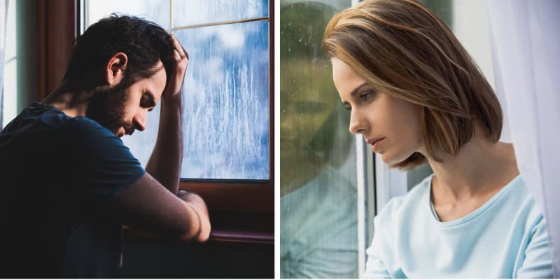 split screen sad man and woman