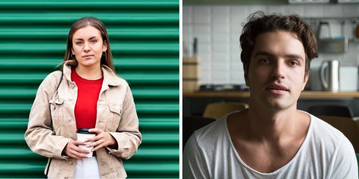 serious man and woman outside