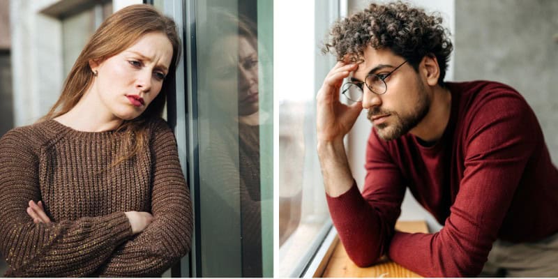 split screen - depressed man and woman