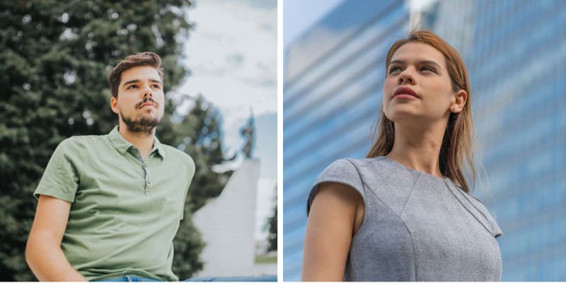 split screen man and woman serious