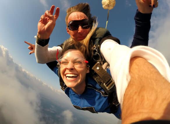 Selfie while tandem skydiving.
