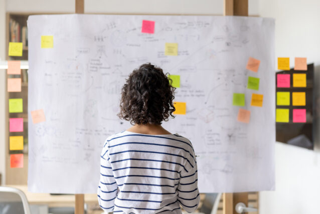 Rear view of a business woman creating a business plan at the office and writing ideas on a board