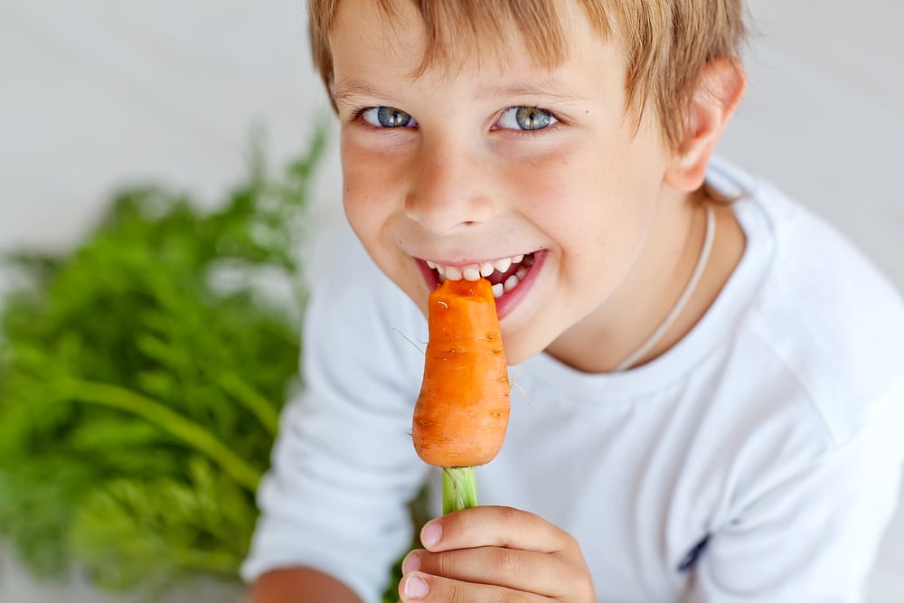Little boy eating a carrot.