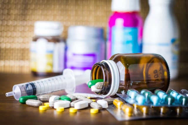 Prescription medication bottles.