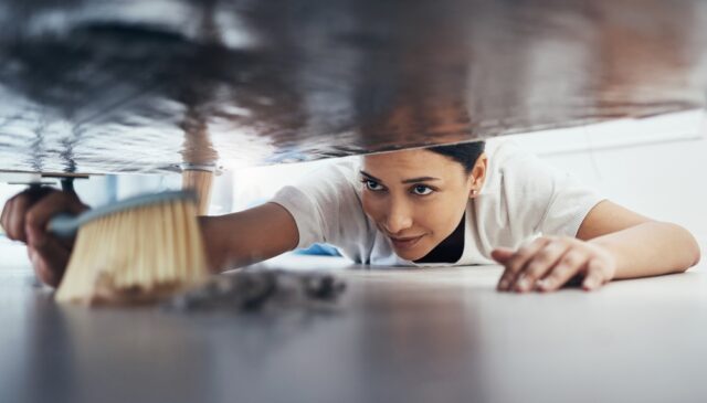 Woman with dusty floor.