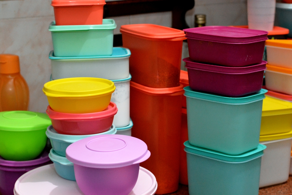 Stacks of colorful Tupperware.