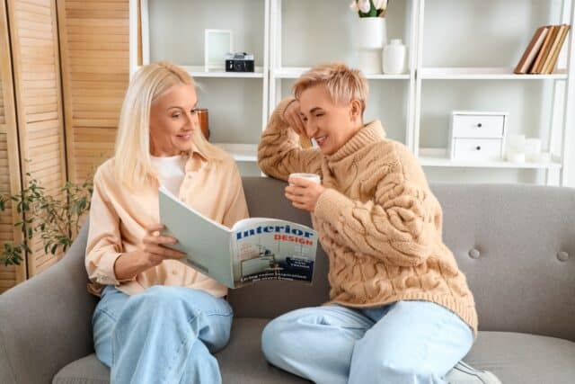 Woman reading a magazine on the couch.