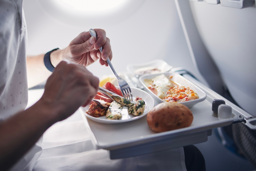 Passenger inflight having meal on plane.
